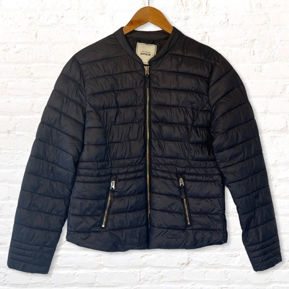Collection Pimkie Black Nylon Puffer Jacket with Gold Zippers Size Large - Picture 10 of 11